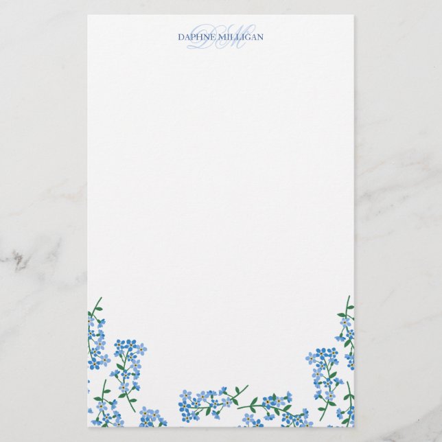 Blue Vergiss Me Nots - Name Monogram hinzufügen Briefpapier (Vorderseite)