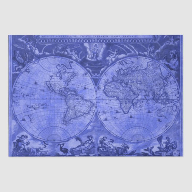Blue Version Antique World Map J Blaeu 1664 Seidenpapier (Vorderseite)