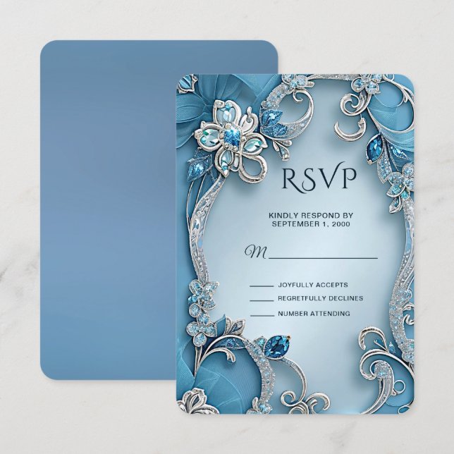 Blue Verziert Floral RSVP Card (Vorne/Hinten)