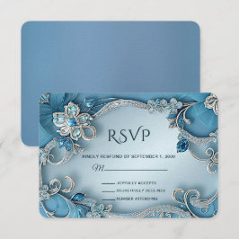 Blue Verziert Floral RSVP Card Karte