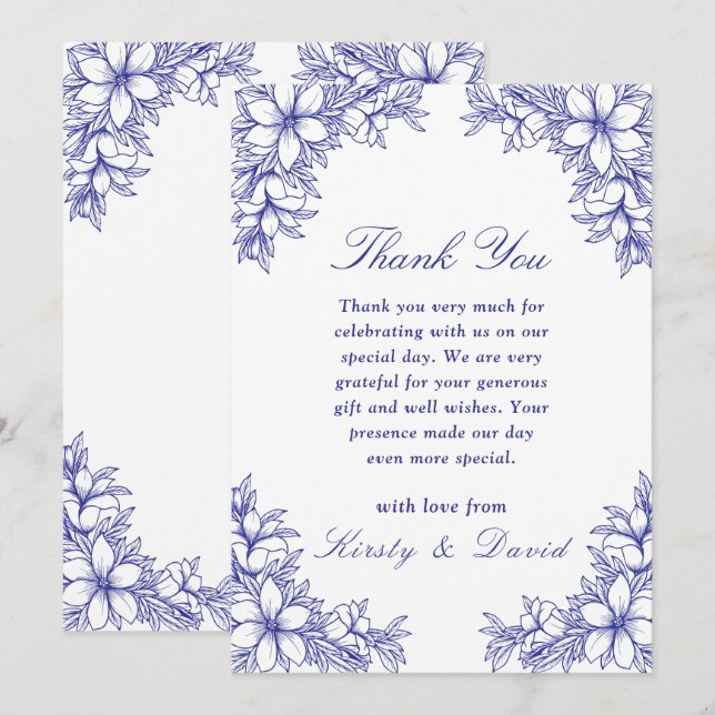 Blue Verziert Floral Wedding Dankeskarte (Vorne/Hinten)