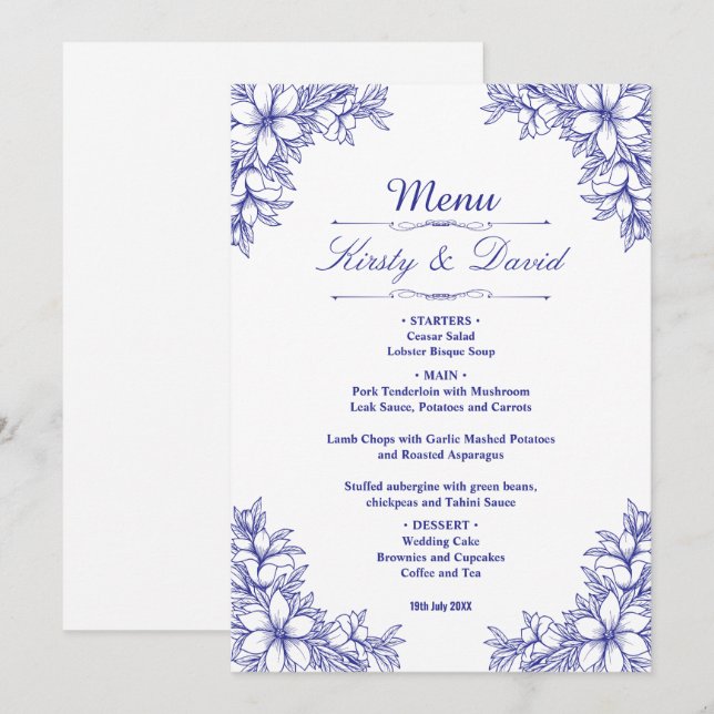 Blue Verziert Floral Wedding Menükarte (Vorne/Hinten)