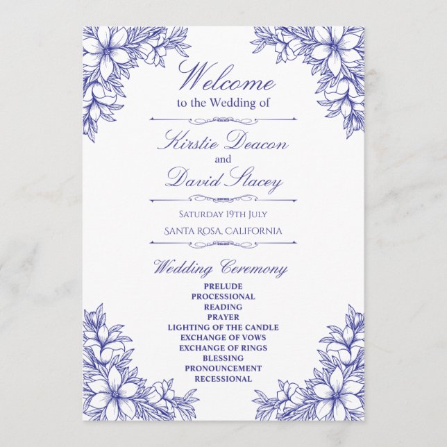 Blue Verziert Floral Wedding Programm (Vorderseite)