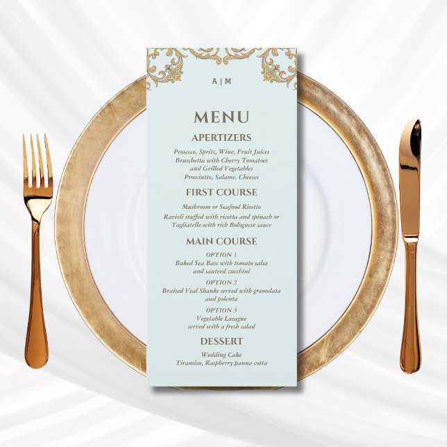 Blue Verziert Monogram Baroque Wedding Menu Menükarte (Von Creator hochgeladen)