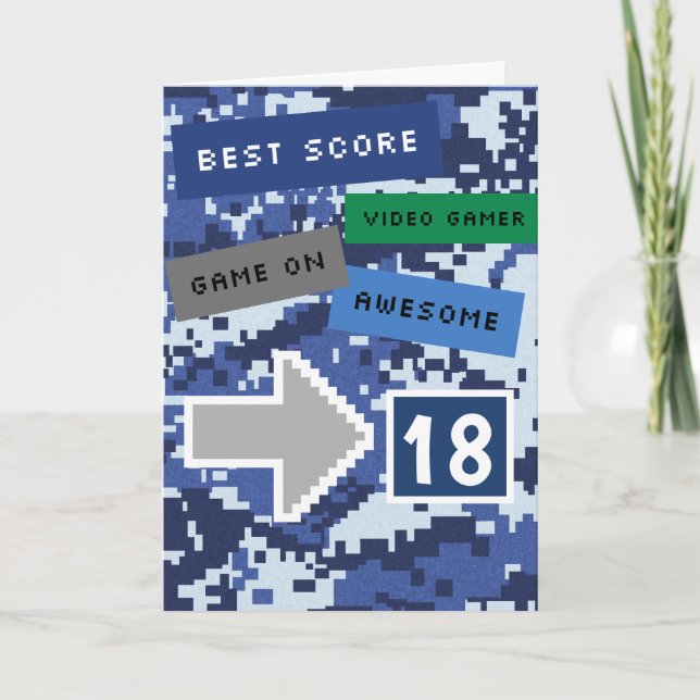Blue Video Gamer 18. Geburtstagskarte Karte (Vorderseite)