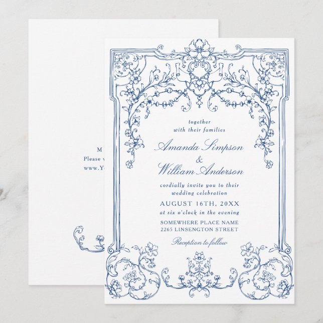 Blue Viktorianisch Verziert Grace Floral French We Einladung (Vorne/Hinten)