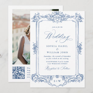 Blue Viktorianisch Verziert Grace Floral Wedding Q Einladung