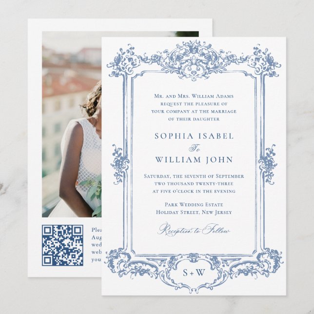 Blue Viktorianisch Verziert Grace Floral Wedding Q Einladung (Vorne/Hinten)