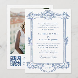 Blue Viktorianisch Verziert Grace Floral Wedding Q Einladung