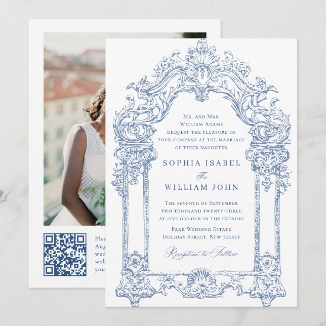 Blue Viktorianisch Verziert Grace Floral Wedding Q Einladung (Vorne/Hinten)