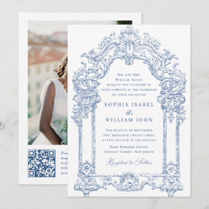 Blue Viktorianisch Verziert Grace Floral Wedding Q Einladung