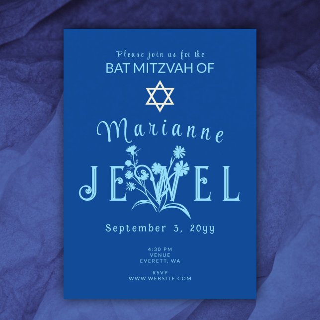 Blue Vintag Bat Mitzvah Wild Blume Einladung (royal blue bat mitzvah invitation simple with wild flowers pretty floral lettering with white star)