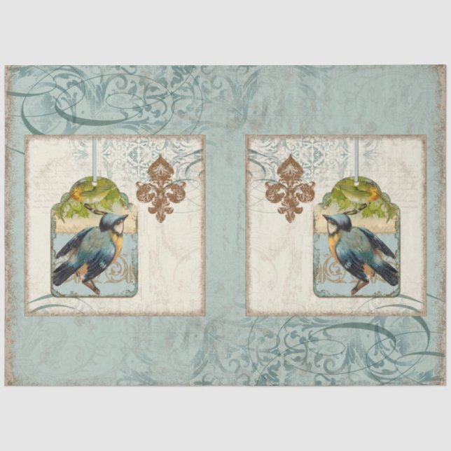 Blue Vintag Bird Französische Lilie Decoupage Seidenpapier (Vorderseite)