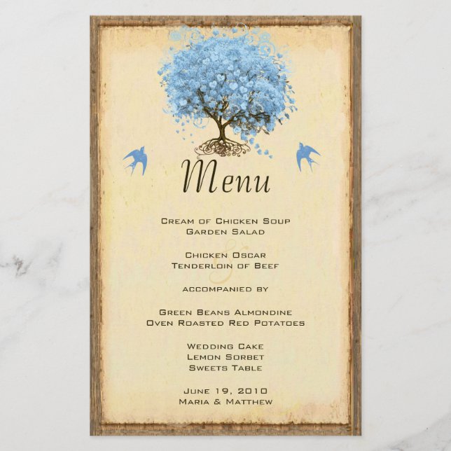 Blue Vintag Bird Heart Leaf Tree Wedding Menu (Vorderseite)