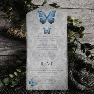 Blue Vintag Butterfly Damask Hochzeit All In One Einladung