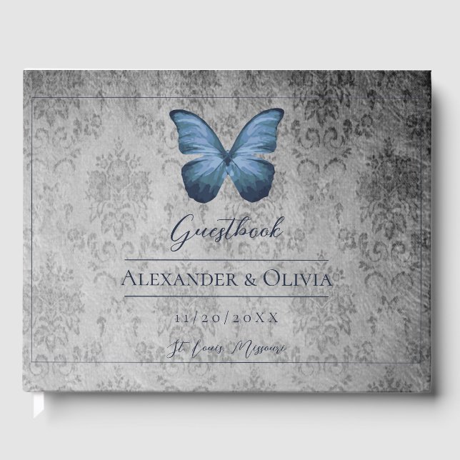 Blue Vintag Butterfly Damask Hochzeit Gästebuch (Vorderseite)
