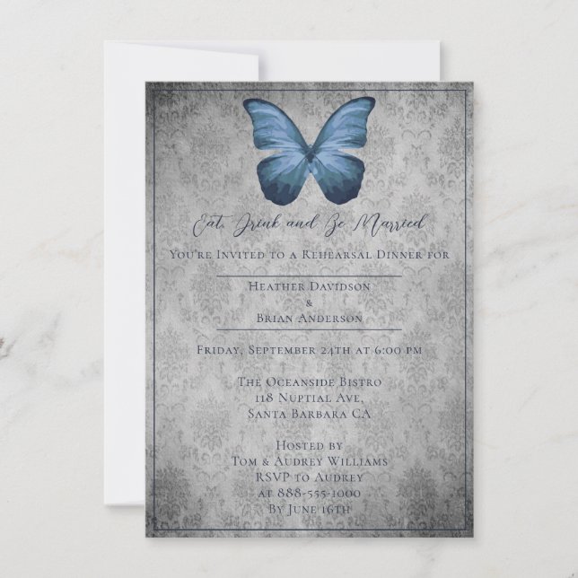 Blue Vintag Butterfly Damask Probe Dinner Einladung (Vorderseite)