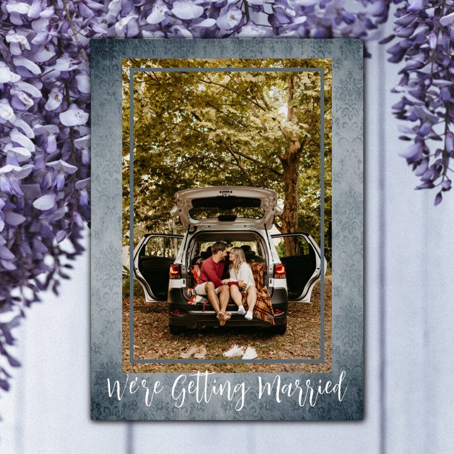 Blue Vintag Damask Foto Save the Date (Blue Vintage Damask Photo Save the Date)