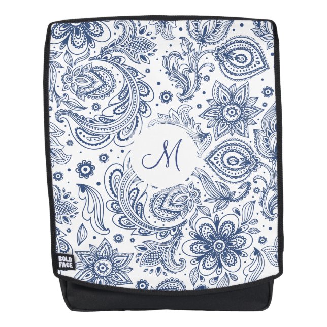 Blue Vintag Floral Muster Monogram Backpack Rucksack (Vorderseite)