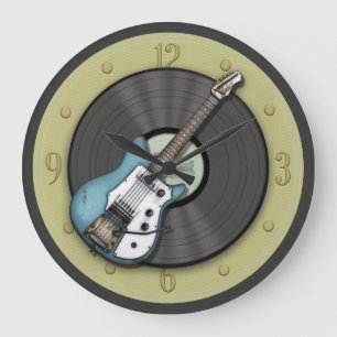 Blue Vintag Guitar und Vinyl Record Wall Clock Große Wanduhr