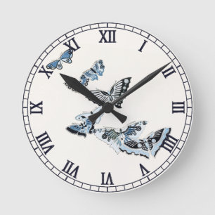 Blue Vintag Japanischer Schmetterling Runde Wanduhr