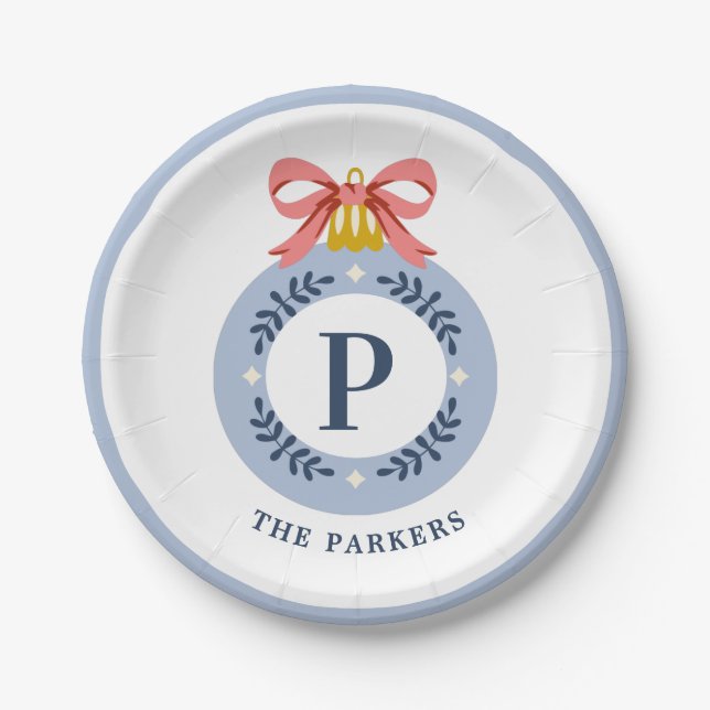 Blue Vintag Monogram Christmas Ornament Pappteller (Vorderseite)