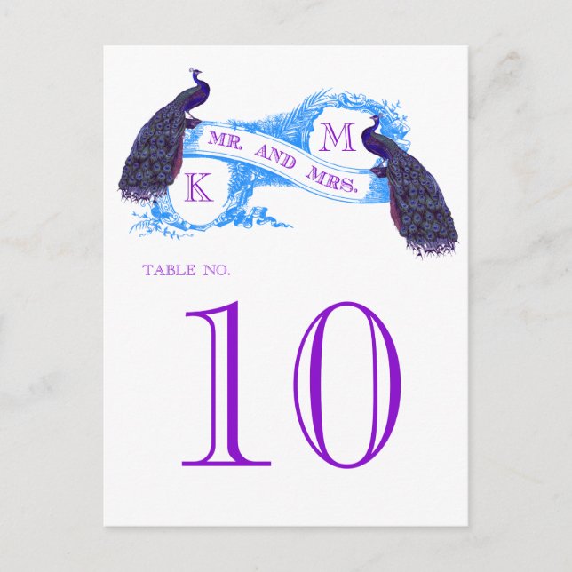 Blue Vintag Peacock Wedding Tischnummer 8806CE (Vorderseite)
