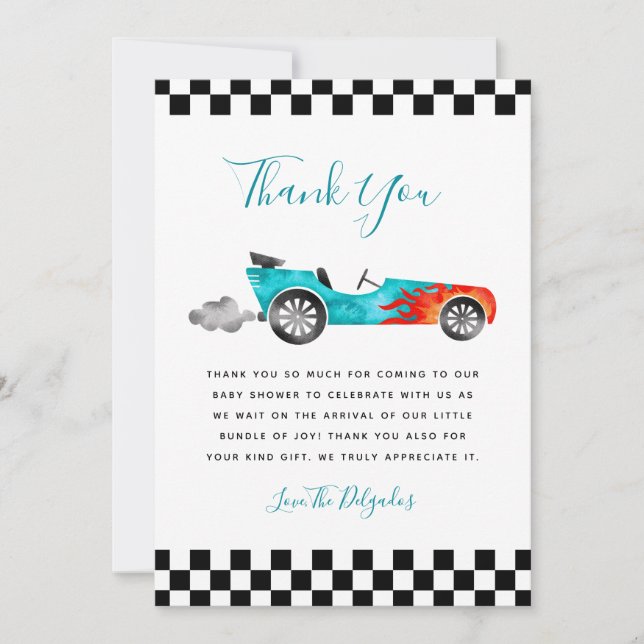 Blue Vintag Race Car Baby Dusche Danke Karte (Vorderseite)