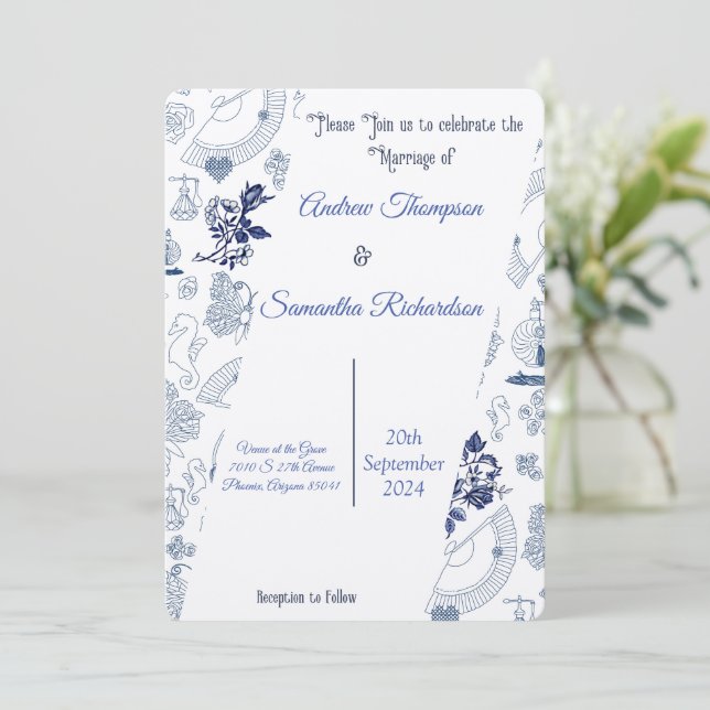 Blue Vintag Romance Hochzeitseinladungen (Stehend Vorderseite)
