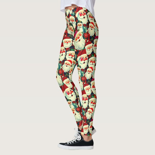 Blue Vintag Santa Claus Tartan Karierte Weihnachte Leggings (Links)
