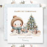 Blue Vintag Snowman Boy Erste Weihnachtskarte Karte<br><div class="desc">Weihnachtskarte mit einem bezaubernden Vintagen Schneemann in blau für den kleinen Jungen oder den kleinen Jungen. Personalisieren Sie den Text einfach. Kate Eden Art</div>