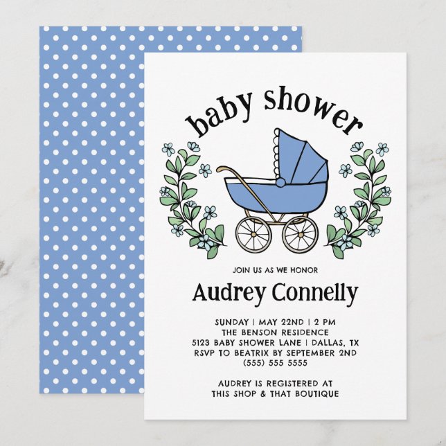 Blue Vintag Stroll Greenery Boy Baby Shower Einladung (Vorne/Hinten)
