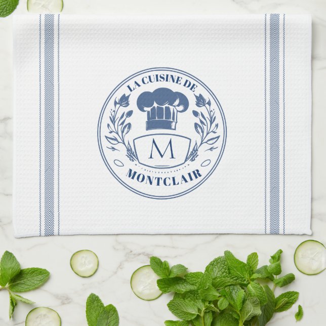 Blue Vintag Style French Cooking Custom Monogram Geschirrtuch (Gefaltet)