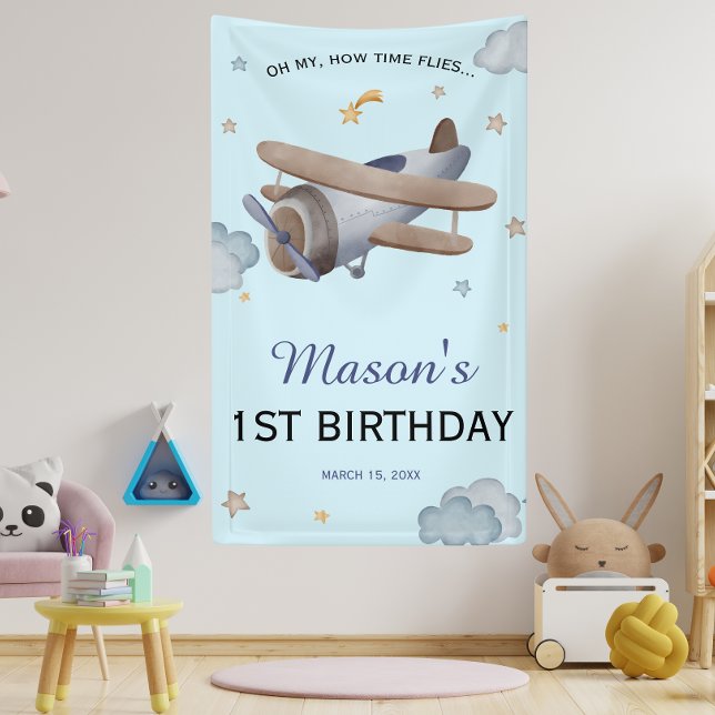 Blue Vintage Airplane Sky 1st Birthday Celebration Banner (Von Creator hochgeladen)