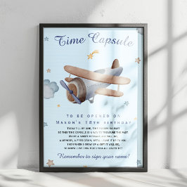 Blue Vintage Airplane Time Capsule 1st Birthday Poster