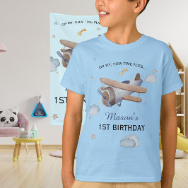 Blue Vintage Airplane Time Flies 1st Birthday T-Shirt