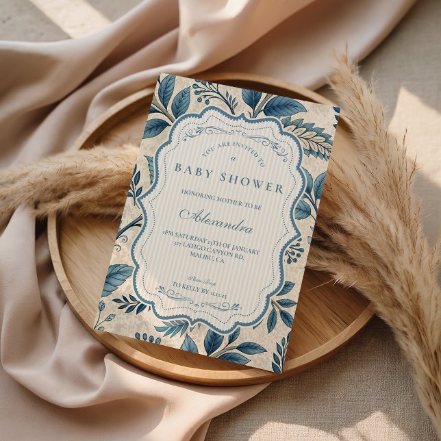 Blue Vintage Botanical Baby Shower Einladung (Von Creator hochgeladen)