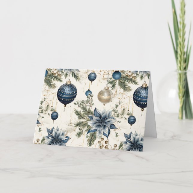 Blue Vintage Christmas Florals Feiertagskarte (Vorderseite)