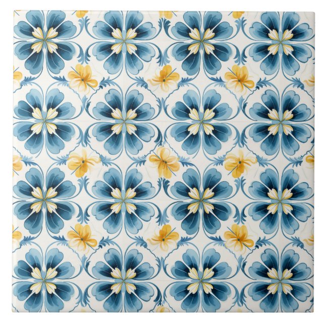 Blue Vintage Floral Elegant Fliese (Vorderseite)