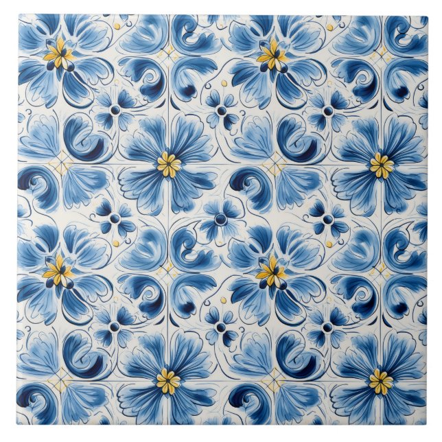 Blue Vintage Floral Fliese (Vorderseite)