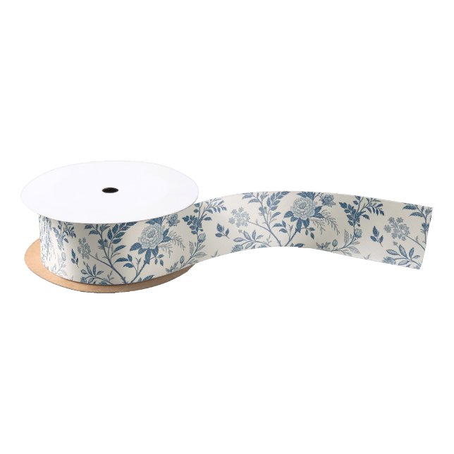 Blue Vintage Floral Pattern Satinband (Spule)