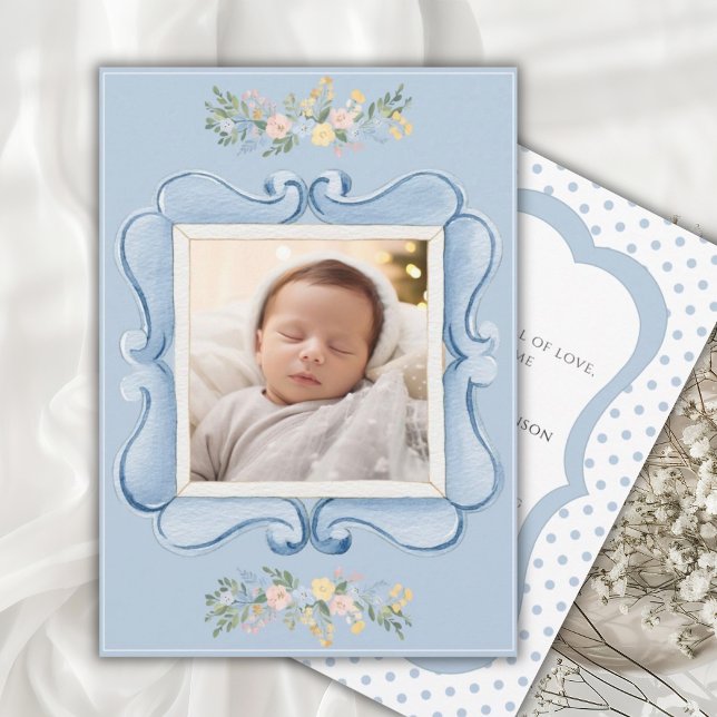Blue Vintage Frame Whimsical Baby Ankündigung (Von Creator hochgeladen)