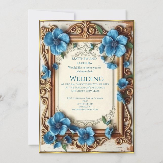 Blue Vintage Wedding Beautiful floral French  Einladung (Rückseite)