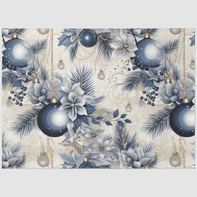 Blue Vintage Weihnachten Blumendekoupage Seidenpapier (Vorderseite)
