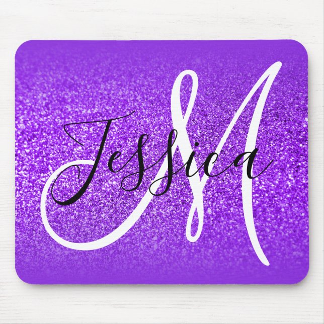 Blue Violet Edge Ombre Lila Glitzer Monogram Mousepad (Vorne)