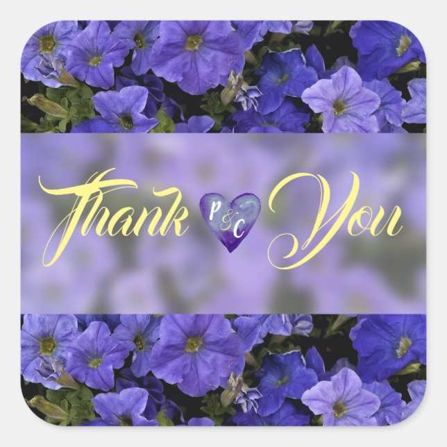 Blue Violet Petunias Wedding Vielen Dank Quadratischer Aufkleber (Vorderseite)