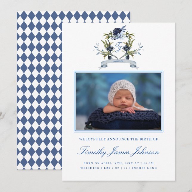 Blue Wappen Baby Boy Foto Geburtskarte Ankündigung (Vorne/Hinten)