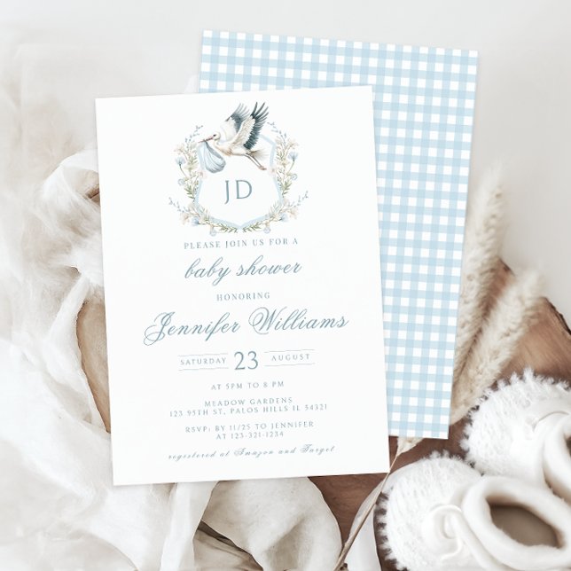 Blue Wappen mit Stork & Blume Baby Boy Dusche Einladung (Von Creator hochgeladen)