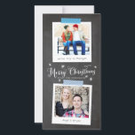Blue Washi Tape and Chalkboard Foto Frames Feiertagskarte<br><div class="desc">Diese schlanke Urlaubskarte ist eine preisgünstige Wahl und präsentiert zwei Ihrer Lieblingssendungen in Vintagen Sofortfotos mit bearbeitbaren Bildunterschriften. Das Design sieht so aus,  als wären sie auf eine Tafel mit gemusterten Streifen von Papierwaschbändern geklebt,  um der Karte ein lässiges,  hausgemachtes,  handliches Ambiente zu verleihen.</div>