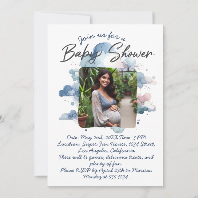 Blue Water color Custom Foto Baby Dusche Skript Einladung (Vorderseite)